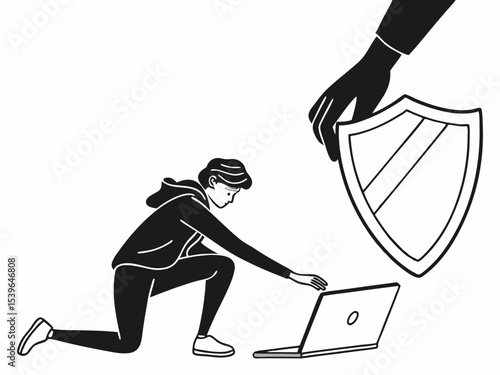 Minimalist Hand Silhouette Touching Invisible Shield Digita Icon