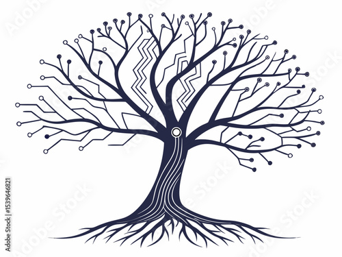 Modern Tree With Circuit Branches Dark Silhouette Whit Vector
