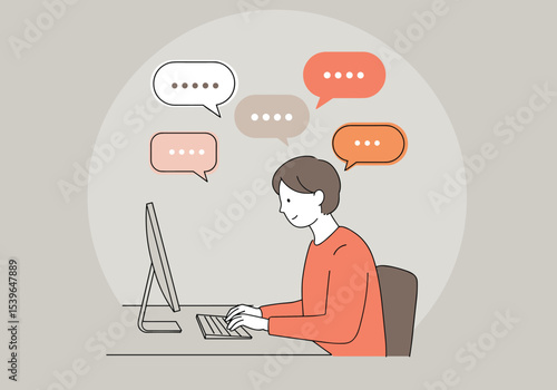 Young Man Engaged in Online Communication with Multiple Chat Bubbles, Social Media and Digital Messaging. Hand drawn style vector design illustrations.