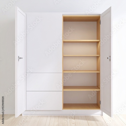 Minimalist White Wardrobe with Open Doors and Wooden Shelves.