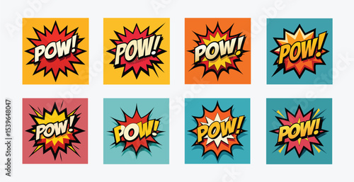 Eight comic book pow icons on colorful square backgrounds