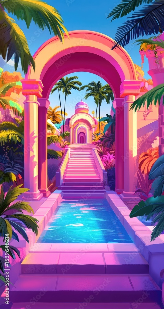 Obraz premium Tropical archway, vibrant stairs, lush garden