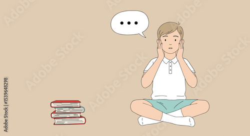 Stressed Student Overwhelmed by Studies, Speech Bubble and Books Representing Academic Pressure and Confusion. Hand drawn style vector design illustrations.