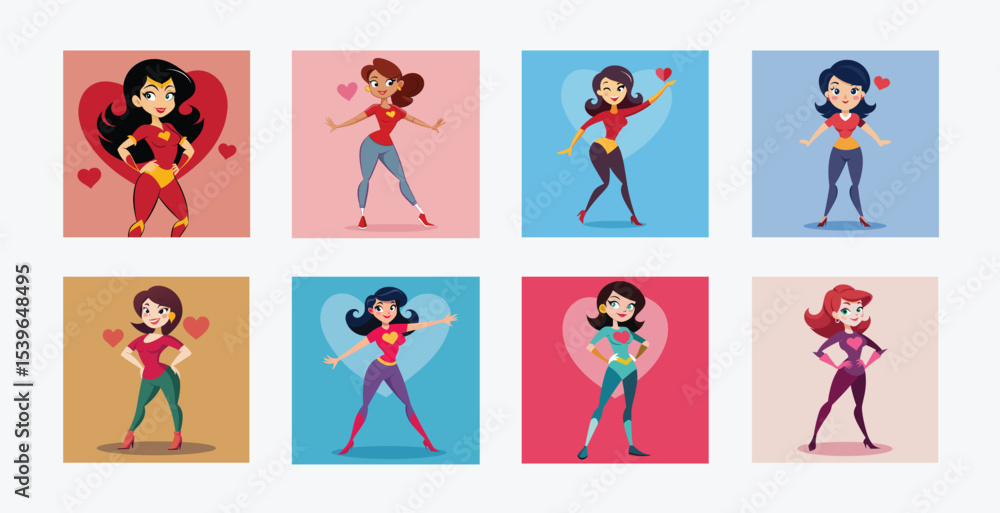 Fototapeta premium Collection of cartoon superhero women with hearts icons