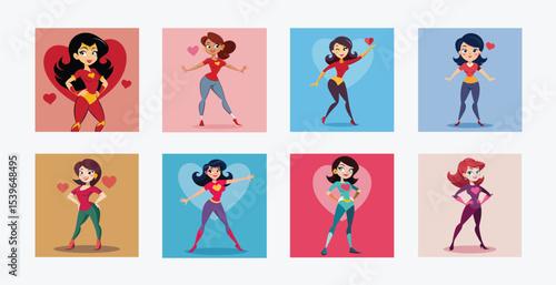 Collection of cartoon superhero women with hearts icons
