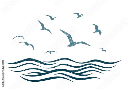 Flock of birds with blue sea.