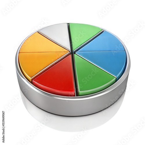 3D Pie Chart Icon in Metallic Material Style on White Background