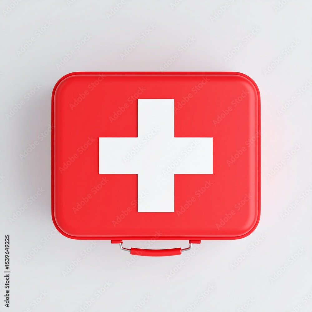 Fototapeta premium Red First Aid Kit Box Top View Medical Emergency Healthcare Safety.