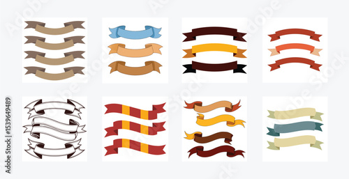 Various decorative banner ribbons are displayed on a white sheet