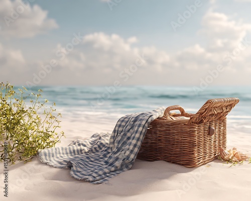 A picnic basket with a blanket sitting on a sandy beach with the ocean and sky in the background