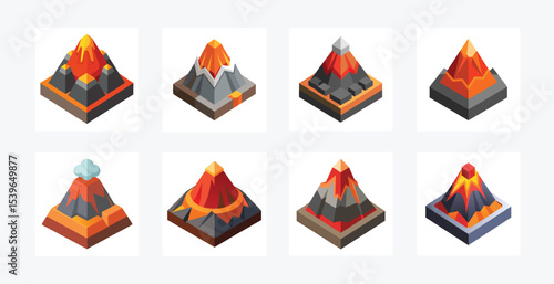Isometric volcano icons with lava and different designs