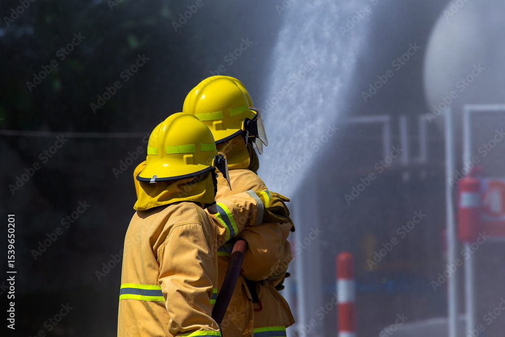 Fototapeta premium Firefighters in Action Spraying Water to Stop the Fire