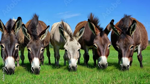 Five docile donkeys enjoying a sunny day eating lush green grass in a meadow, Five well tempered and docile donkeys eating grass on the green lawn under the azure blue sky