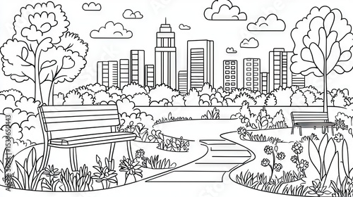 Fototapeta Naklejka Na Ścianę i Meble -  City park scene with benches and trees.