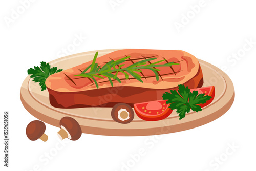 Grilled steak on wooden board with tomatoes, mushrooms and herbs. Delicious barbecue meal in flat style. Design element for banner, poster, print. Summer vector illustration for barbecue outdoor party