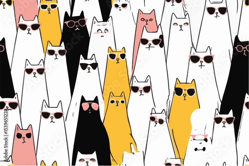 illustration of cool summer cats wearing sunglasses. hand drawn cartoon style
