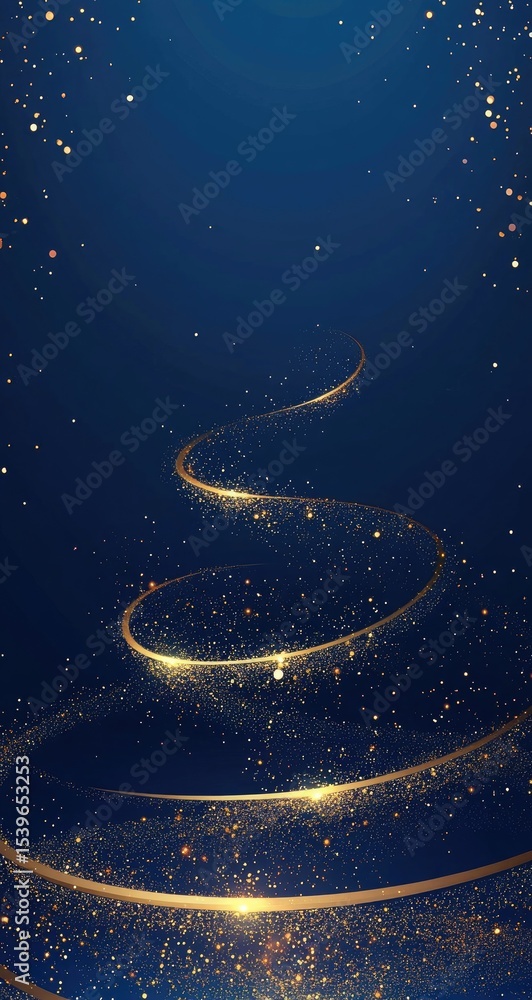 Naklejka premium Golden spiral, glowing trails, dark blue background