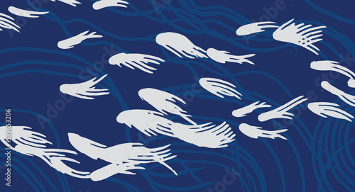 Hand drawn brush lines abstract waves and water with fish pattern, Japanese wood carving, block print texture background in white and blue, simple graphic for textile, carpet, banner