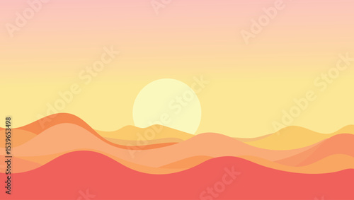Stylized abstract landscape illustration depicting desert dunes and a vibrant warm sunset or sunrise