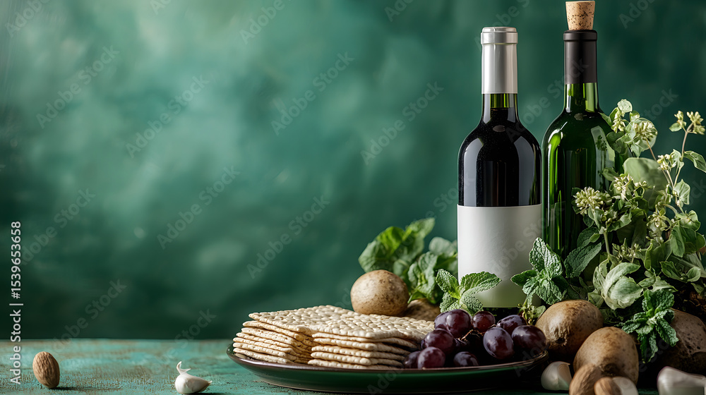 Naklejka premium Passover side view items including a seder plate, matzot, and wine bottle arranged on green backdrop