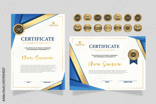 Elegant Blue and Gold Diploma Certificate Template with Badge and Border
