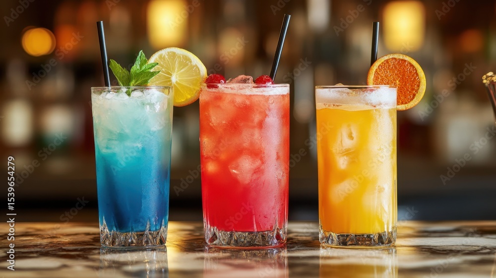 Three colorful cocktails with ice and fruit on bar counter with warm lights Three colorful cocktails with ice and fruit on bar counter with warm lights