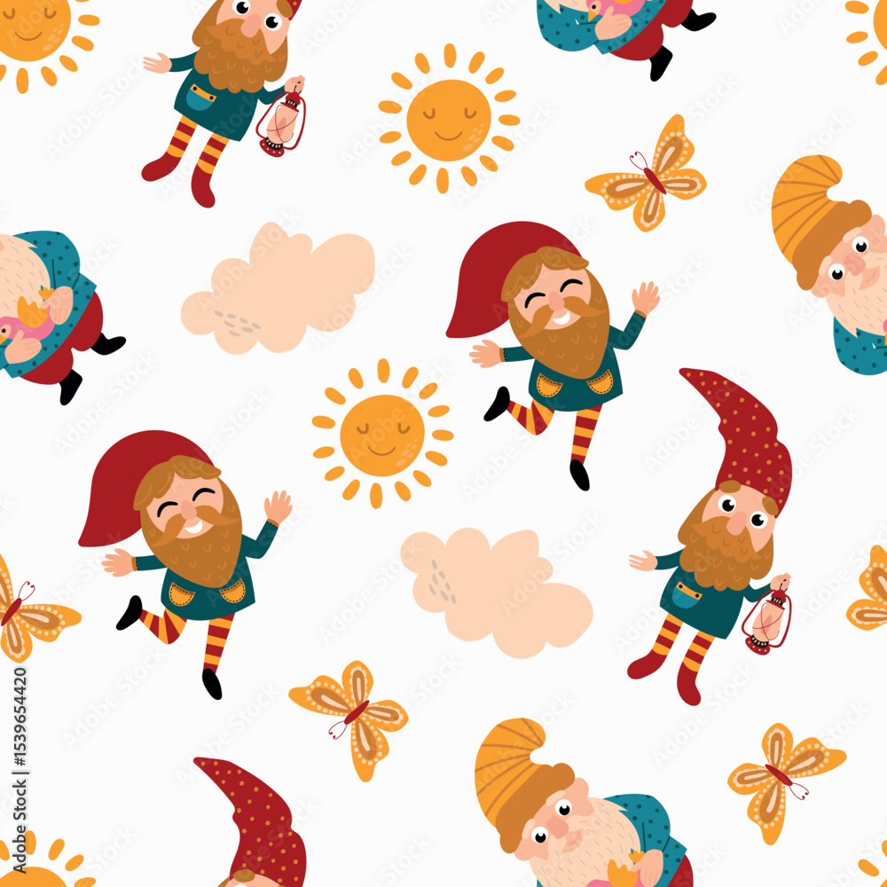 Obraz premium Seamless pattern with gnomes butterflies, clouds and suns. Design for fabric, textile, wallpaper, packaging 