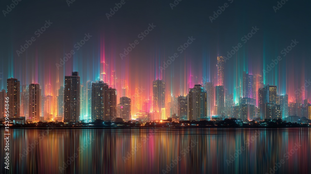 Fototapeta premium Abstract Bangkok skyline with digital energy pulses and neon grid overlay on night cityscape
