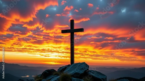 Wooden cross standing on a rocky hilltop at sunset with cloudy sky  