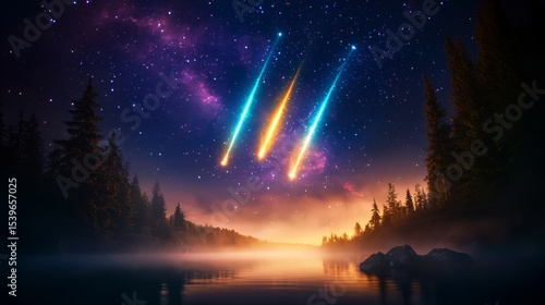 Meteors crossing the sky above a foggy lake