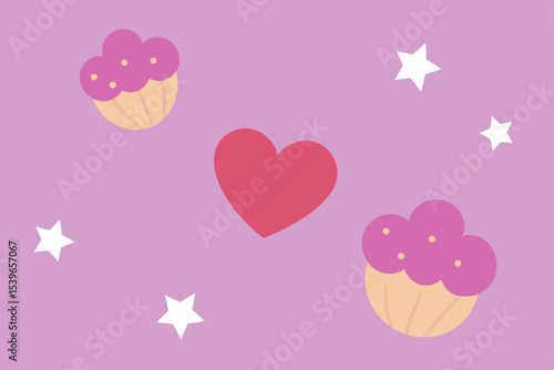 Sweet Cupcakes, Hearts, and Stars A Delightful Pink Illustration