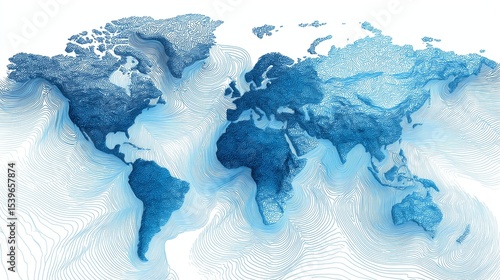 Fototapeta Naklejka Na Ścianę i Meble -  Minimal blue curved world map contours on white background, clean geographic visualization for infographics and presentations