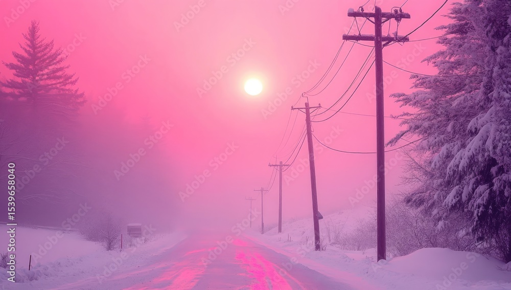 Pink winter sunrise over a snowy road. Power lines stretch across a misty landscape Pink winter sunrise over a snowy road. Power lines stretch across a misty landscape