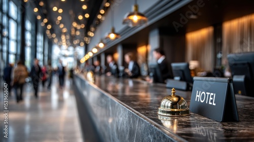 Hotel Reception Desk with Golden Bell
