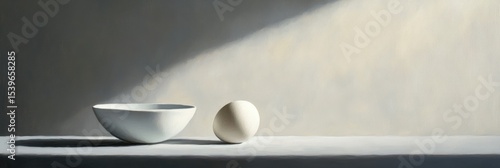 Minimalist scene of an egg and bowl on a table, with the light from behind creating dramatic shadows that accentuate their forms. 
