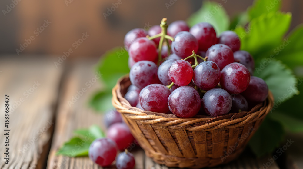 Wicker basket filled with fresh ripe red grapes with green leaves on rustic wooden surface. AI generated. Wicker basket filled with fresh ripe red grapes with green leaves on rustic wooden surface. AI generated.