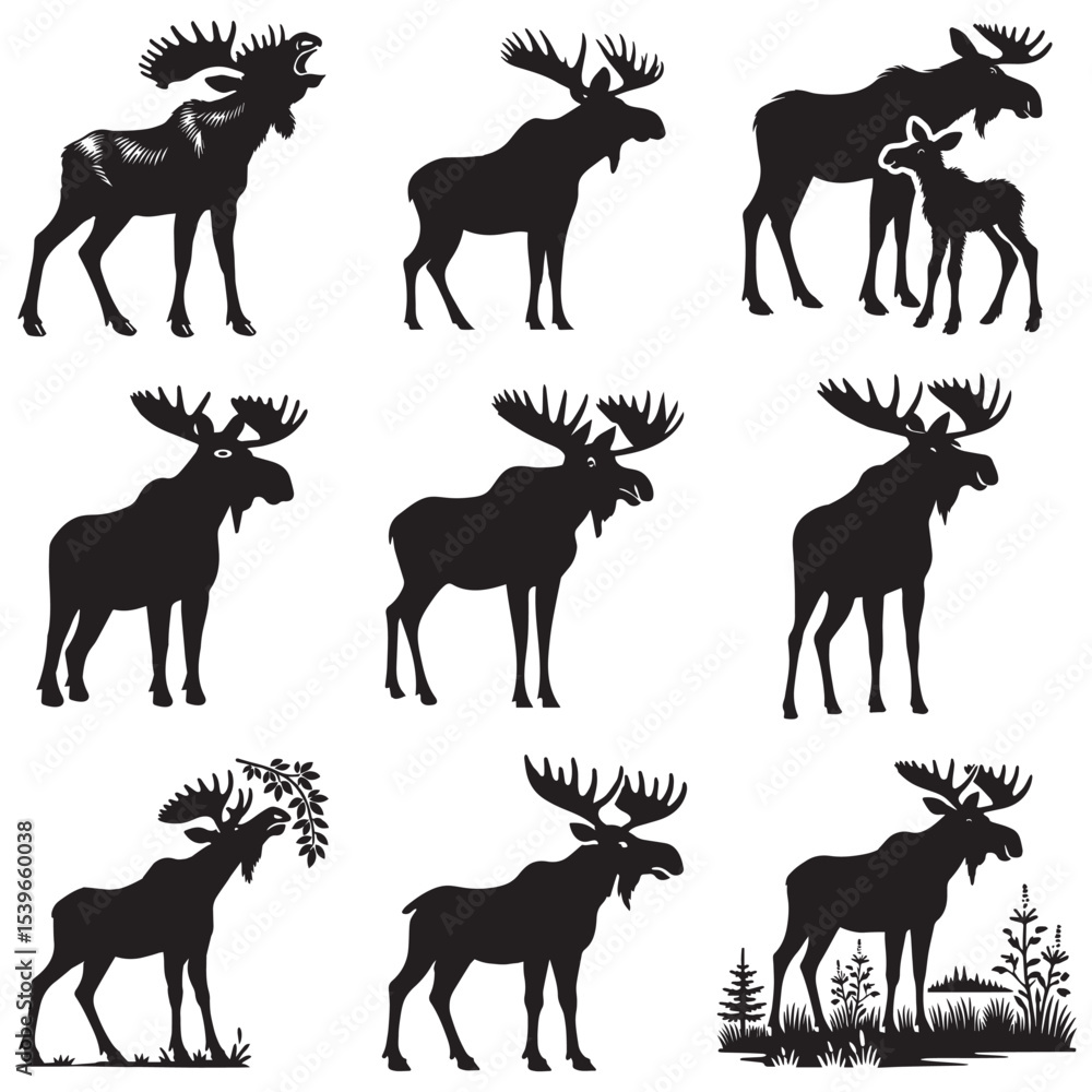 Fototapeta premium bundle of black Moose Silhouette clipart, funny Moose Swine Animal illustration, mountain Animal longhorn Moose lover design sublimation 