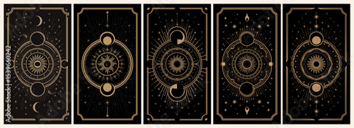 A series of Tarot black and gold cards with a crescent moon, stars and mystical elements on them. Vector illustration