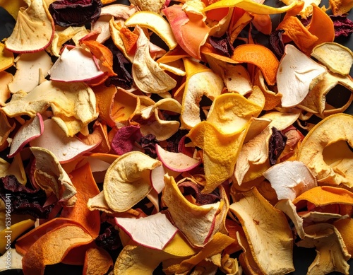 Assorted dried fruit and vegetable chips.  Colorful, thinly sliced pieces of dried fruit and vegetables, like apple, orange, and beet,  randomly scattered on a dark background. 