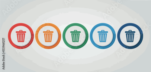 Five Colorful Circular Recycle Bin Icons on White
