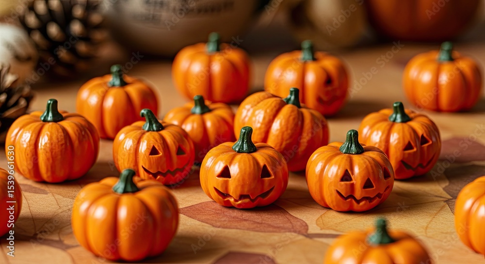 Festive arrangement of carved pumpkins with green stems arranged on a wooden surface Festive arrangement of carved pumpkins with green stems arranged on a wooden surface