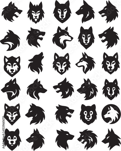 A set of Aggressive wolf head illustrations in black and white, vector style, perfect for logos or tattoos.