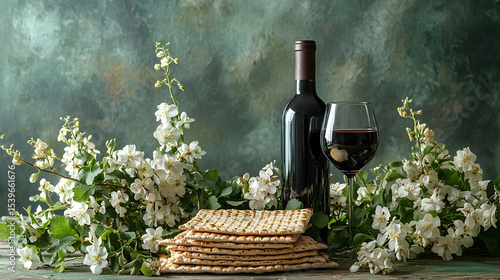 Side View of Passover Wine, Matzah, and Flowers Arranged Against Green Backdrop