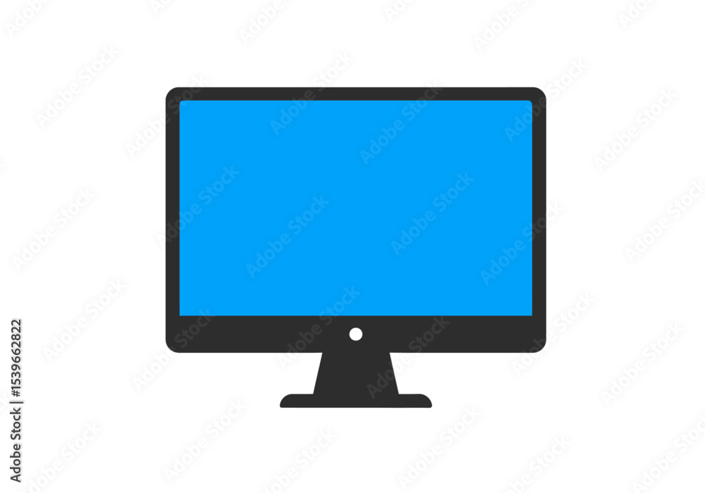 A dark gray desktop monitor displays a blue screen with a small white dot in the center of its lower frame A dark gray desktop monitor displays a blue screen with a small white dot in the center of its lower frame