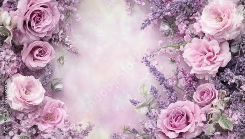 Floral frame of pink and purple roses and lilacs
