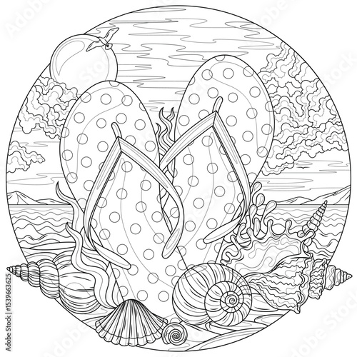 Flip flops and seashells on the beach in a round frame.Coloring book antistress for children and adults. 