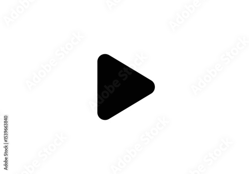 A solid black play button facing right is centered on a white background The triangle has rounded corners