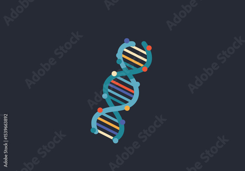 A stylized DNA double helix model with colorful crosslinks on a dark blue background