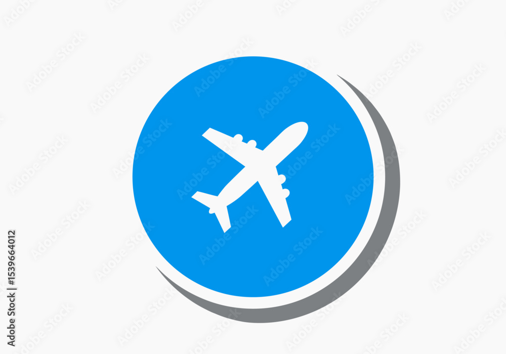 A white airplane icon inside a blue circle with a gray curved shadow on a white background A white airplane icon inside a blue circle with a gray curved shadow on a white background
