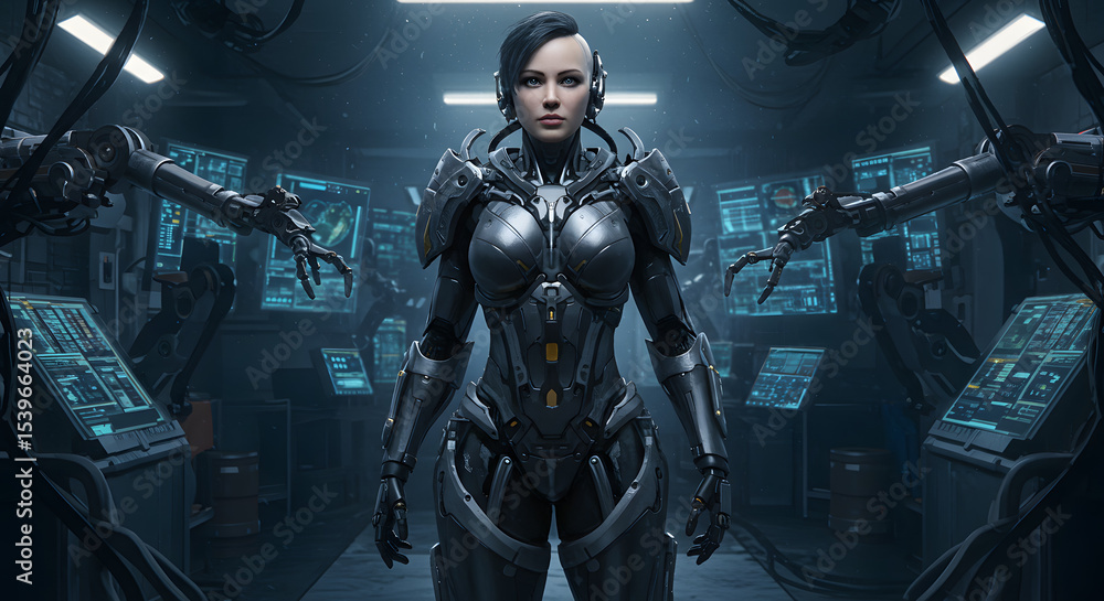 Naklejka premium A futuristic woman in a metallic suit stands amidst advanced machinery in a sterile laboratory setting.